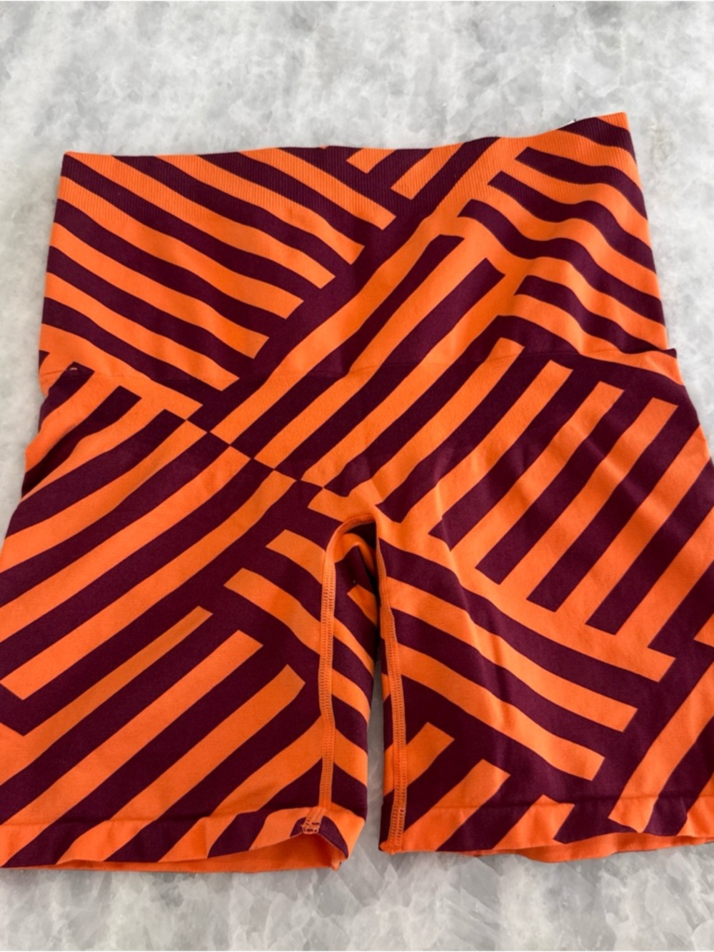 YITTY Orange and Burgundy Geometric Stripe High-Rise Athletic Shorts